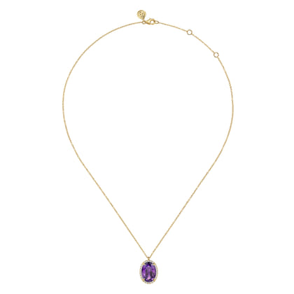 14K Yellow Gold Diamond and Oval Shape Amethyst Necklace With Flower Pattern J-Back