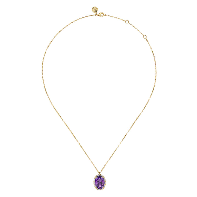 14K Yellow Gold Diamond and Oval Shape Amethyst Necklace With Flower Pattern J-Back - 0.24 ct - Shot 2