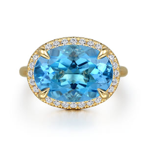 14K Yellow Gold Diamond and Oval Shape Blue Topaz Ladies Ring With Flower Pattern Gallery