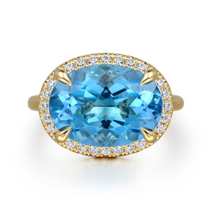 14K Yellow Gold Diamond and Oval Shape Blue Topaz Ladies Ring With Flower Pattern Gallery