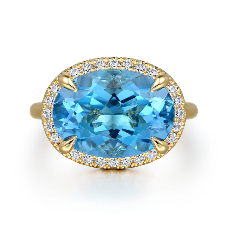 14K Yellow Gold Diamond and Oval Shape Blue Topaz Ladies Ring With Flower Pattern Gallery - 0.24 ct - Shot 1