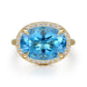 14K Yellow Gold Diamond and Oval Shape Blue Topaz Ladies Ring With Flower Pattern Gallery - 0.24 ct