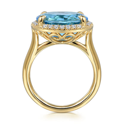 14K Yellow Gold Diamond and Oval Shape Blue Topaz Ladies Ring With Flower Pattern Gallery