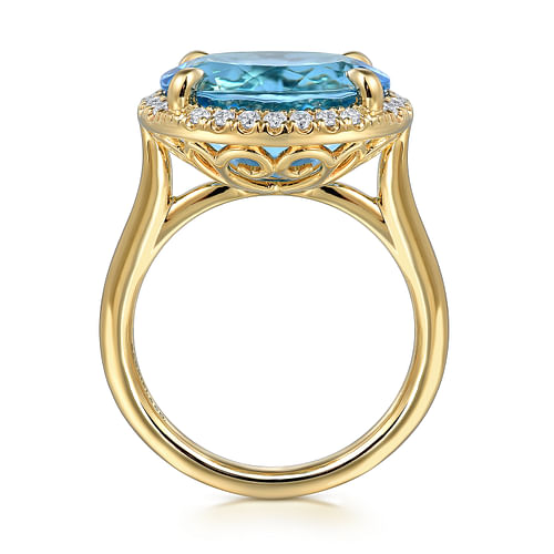14K Yellow Gold Diamond and Oval Shape Blue Topaz Ladies Ring With Flower Pattern Gallery - 0.24 ct - Shot 2