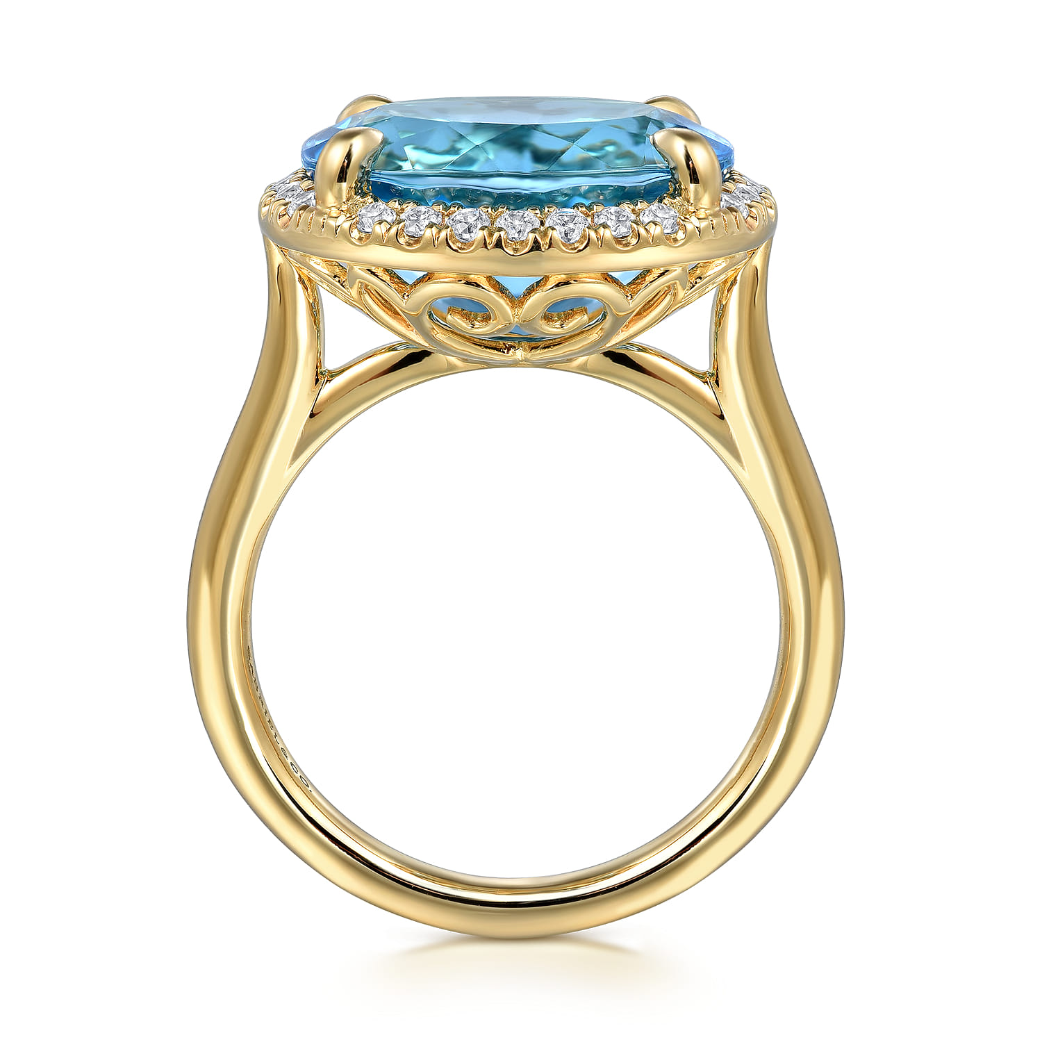 14K Yellow Gold Diamond and Oval Shape Blue Topaz Ladies Ring with Flower Pattern Gallery - 0.24 ct - Shot 2