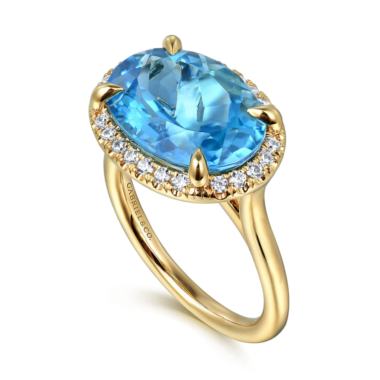 14K Yellow Gold Diamond and Oval Shape Blue Topaz Ladies Ring with Flower Pattern Gallery - 0.24 ct - Shot 3