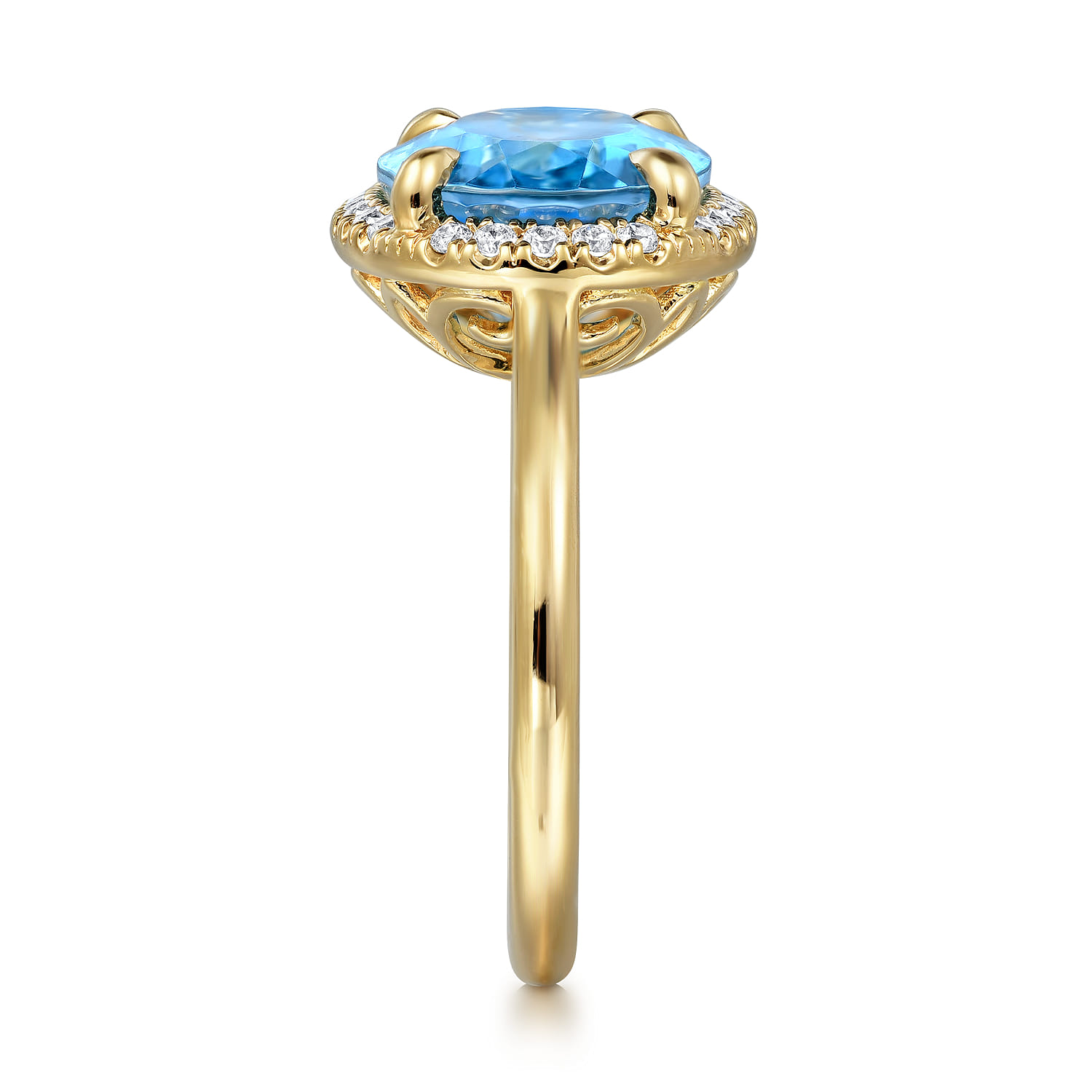 14K Yellow Gold Diamond and Oval Shape Blue Topaz Ladies Ring with Flower Pattern Gallery - 0.24 ct - Shot 4