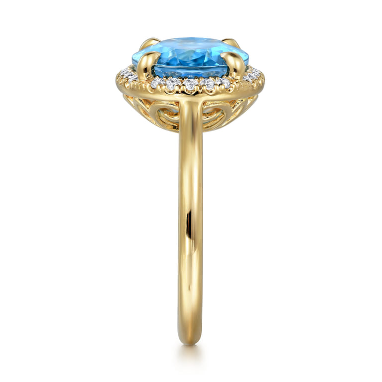 14K Yellow Gold Diamond and Oval Shape Blue Topaz Ladies Ring with Flower Pattern Gallery - 0.24 ct - Shot 4