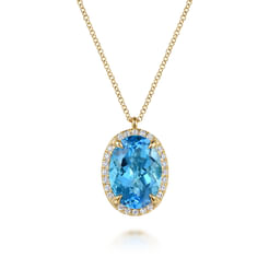 14K Yellow Gold Diamond and Oval Shape Blue Topaz Necklace With Flower Pattern J-Back