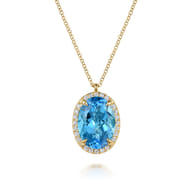 14K Yellow Gold Diamond and Oval Shape Blue Topaz Necklace With Flower Pattern J-Back