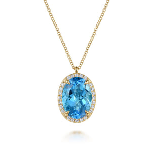14K Yellow Gold Diamond and Oval Shape Blue Topaz Necklace With Flower Pattern J-Back