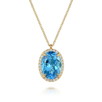 14K Yellow Gold Diamond and Oval Shape Blue Topaz Necklace With Flower Pattern J-Back