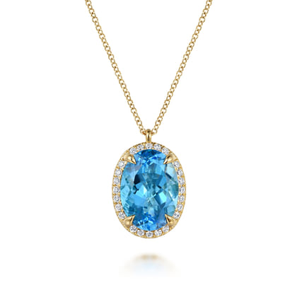 14K Yellow Gold Diamond and Oval Shape Blue Topaz Necklace With Flower Pattern J-Back