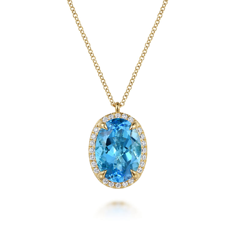 14K Yellow Gold Diamond and Oval Shape Blue Topaz Necklace With Flower Pattern J-Back - 0.24 ct - Shot 1