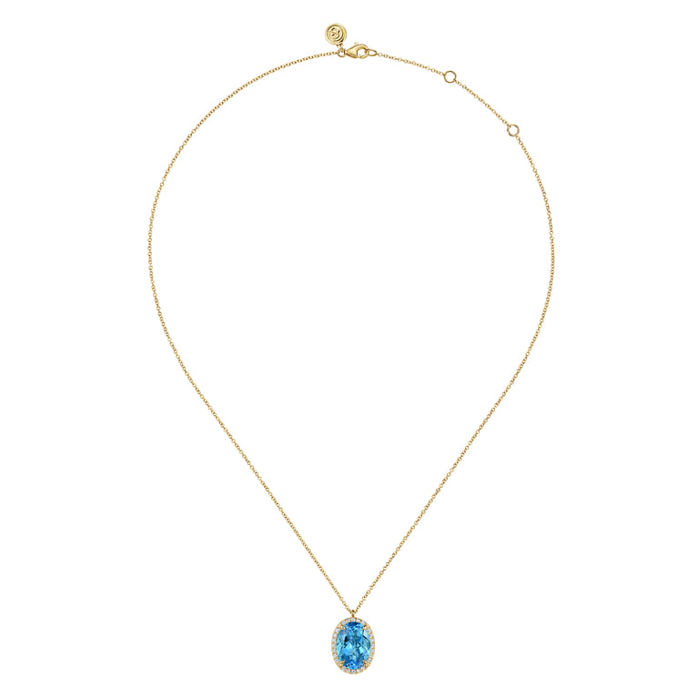 14K Yellow Gold Diamond and Oval Shape Blue Topaz Necklace With Flower Pattern J-Back - 0.24 ct - Shot 2