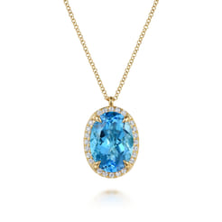 14K Yellow Gold Diamond and Oval Shape Blue Topaz Necklace with Flower Pattern J-Back