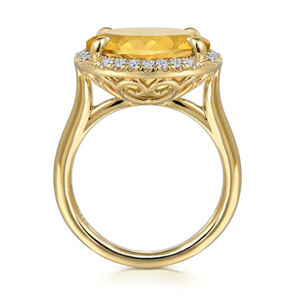 14K Yellow Gold Diamond and Oval Shape Citrine Ladies Ring With Flower Pattern Gallery