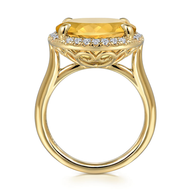 14K Yellow Gold Diamond and Oval Shape Citrine Ladies Ring With Flower Pattern Gallery - 0.24 ct - Shot 2