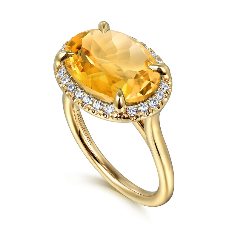14K Yellow Gold Diamond and Oval Shape Citrine Ladies Ring With Flower Pattern Gallery - 0.24 ct - Shot 3