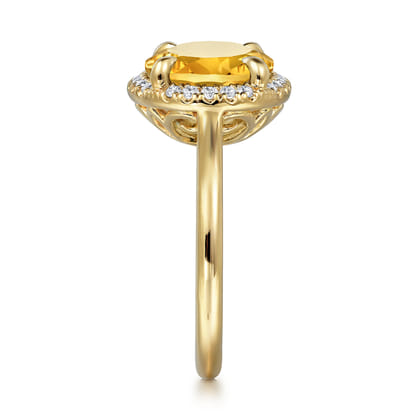 14K Yellow Gold Diamond and Oval Shape Citrine Ladies Ring With Flower Pattern Gallery