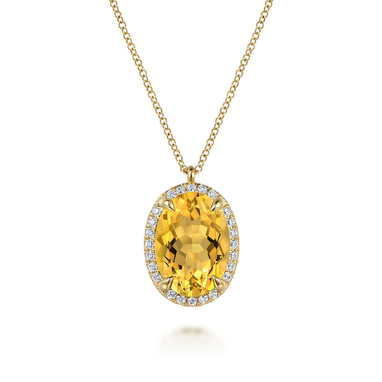 14K Yellow Gold Diamond and Oval Shape Citrine Necklace With Flower Pattern J-Back - 0.24 ct - Shot 1