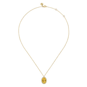 14K Yellow Gold Diamond and Oval Shape Citrine Necklace With Flower Pattern J-Back