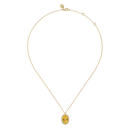 14K Yellow Gold Diamond and Oval Shape Citrine Necklace With Flower Pattern J-Back