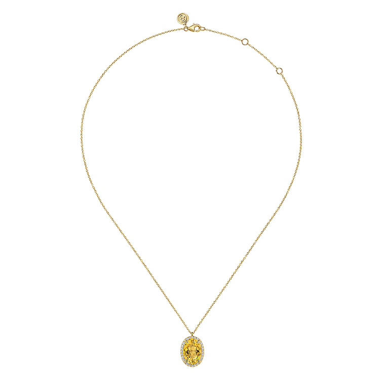 14K Yellow Gold Diamond and Oval Shape Citrine Necklace With Flower Pattern J-Back