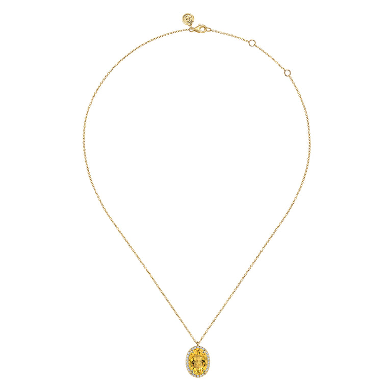 14K Yellow Gold Diamond and Oval Shape Citrine Necklace With Flower Pattern J-Back - 0.24 ct - Shot 2