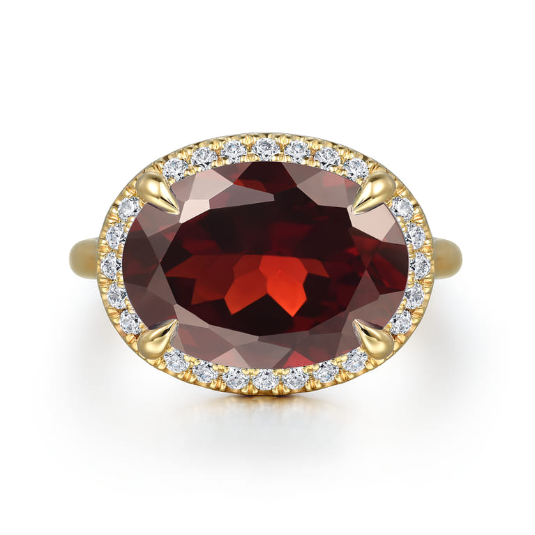 14K Yellow Gold Diamond and Oval Shape Garnet Ladies Ring With Flower Pattern Gallery - 0.24 ct - Shot 1