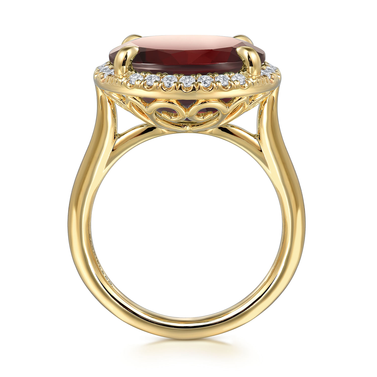 14K Yellow Gold Diamond and Oval Shape Garnet Ladies Ring With Flower Pattern Gallery - 0.24 ct - Shot 2