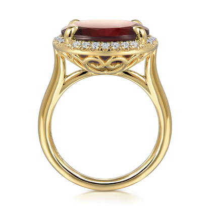 14K Yellow Gold Diamond and Oval Shape Garnet Ladies Ring With Flower Pattern Gallery