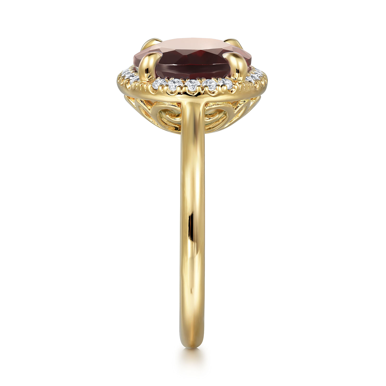 14K Yellow Gold Diamond and Oval Shape Garnet Ladies Ring With Flower Pattern Gallery - 0.24 ct - Shot 4