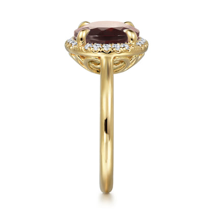 14K Yellow Gold Diamond and Oval Shape Garnet Ladies Ring With Flower Pattern Gallery
