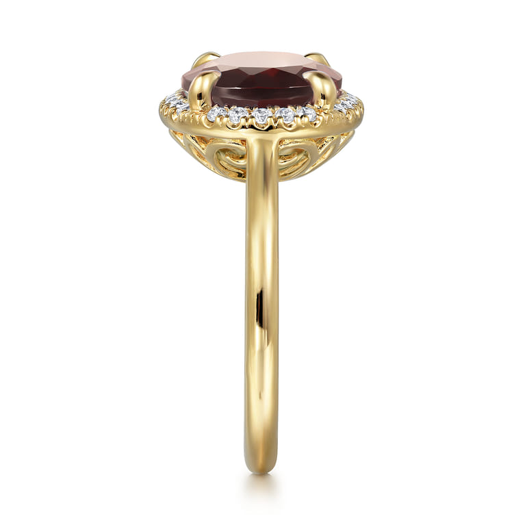 14K Yellow Gold Diamond and Oval Shape Garnet Ladies Ring With Flower Pattern Gallery - 0.24 ct - Shot 4