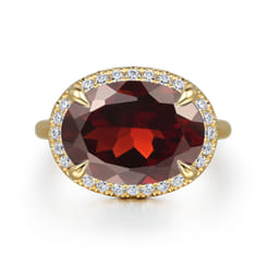 14K Yellow Gold Diamond and Oval Shape Garnet Ladies Ring with Flower Pattern Gallery