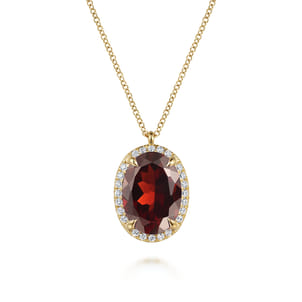 14K Yellow Gold Diamond and Oval Shape Garnet Necklace With Flower Pattern J-Back