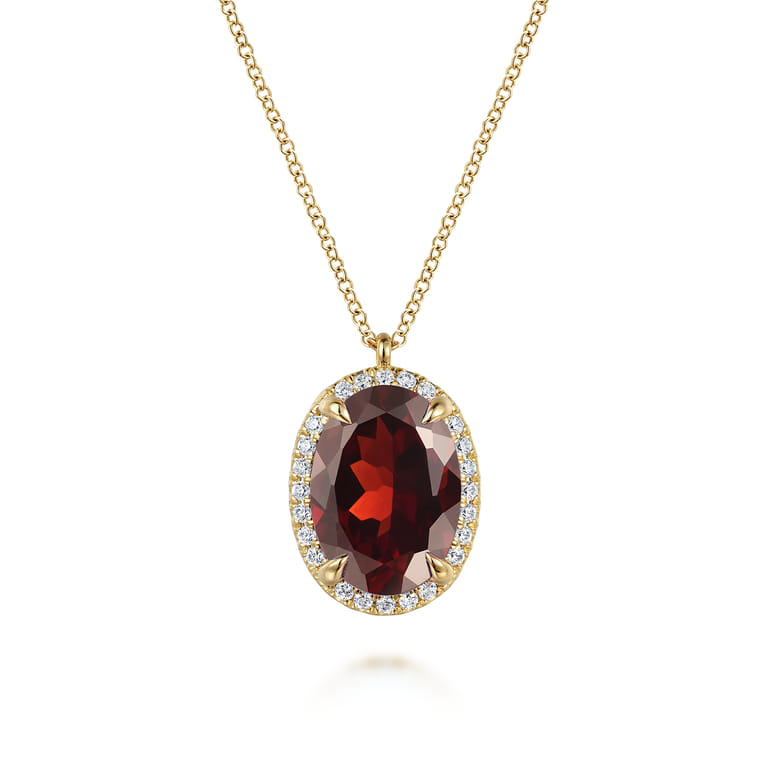 14K Yellow Gold Diamond and Oval Shape Garnet Necklace With Flower Pattern J-Back - 0.24 ct - Shot 1