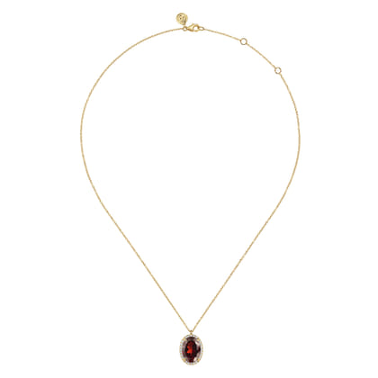 14K Yellow Gold Diamond and Oval Shape Garnet Necklace With Flower Pattern J-Back