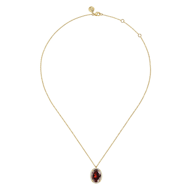 14K Yellow Gold Diamond and Oval Shape Garnet Necklace With Flower Pattern J-Back