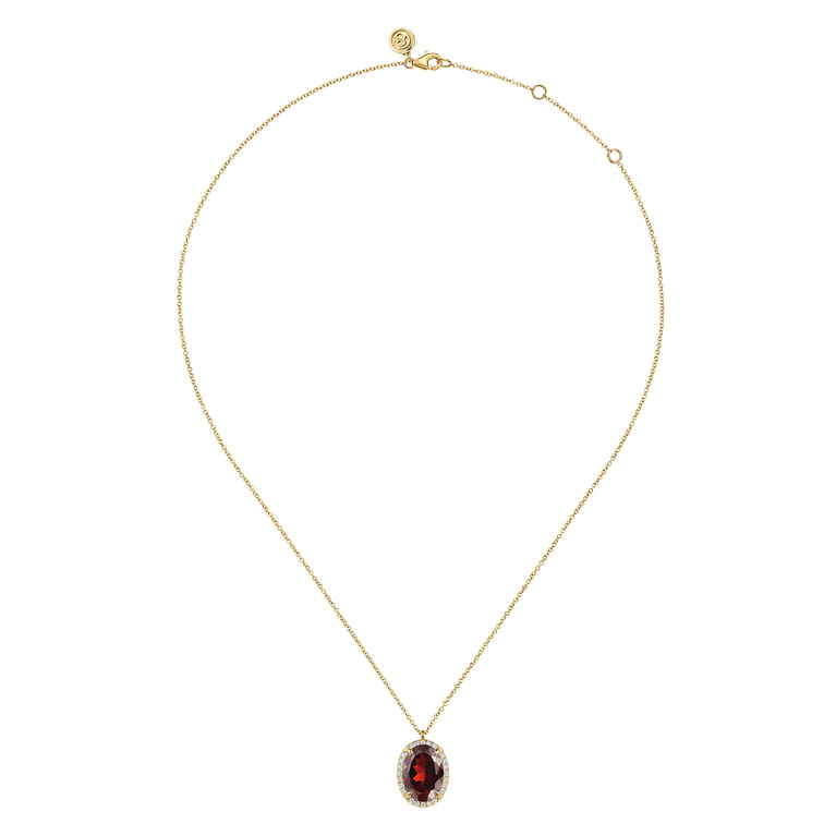 14K Yellow Gold Diamond and Oval Shape Garnet Necklace With Flower Pattern J-Back - 0.24 ct - Shot 2