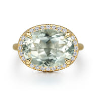 14K Yellow Gold Diamond and Oval Shape Green Amethyst Ladies Ring With Flower Pattern Gallery