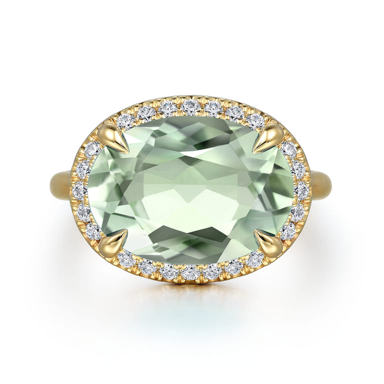 14K Yellow Gold Diamond and Oval Shape Green Amethyst Ladies Ring With Flower Pattern Gallery - 0.24 ct - Shot 1