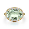 14K Yellow Gold Diamond and Oval Shape Green Amethyst Ladies Ring With Flower Pattern Gallery - 0.24 ct