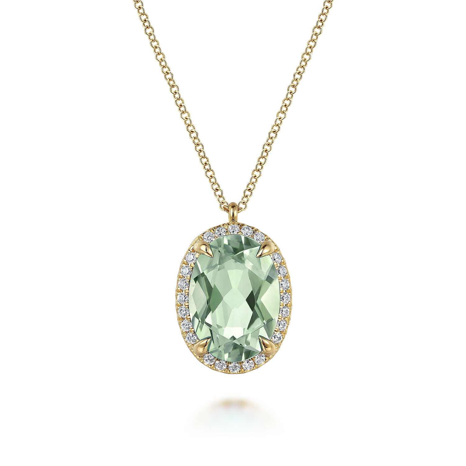 14K Yellow Gold Diamond and Oval Shape Green Amethyst Necklace With Flower  Pattern J-Back
