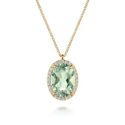 14K Yellow Gold Diamond and Oval Shape Green Amethyst Necklace With Flower Pattern J-Back