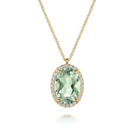 14K Yellow Gold Diamond and Oval Shape Green Amethyst Necklace With Flower Pattern J-Back