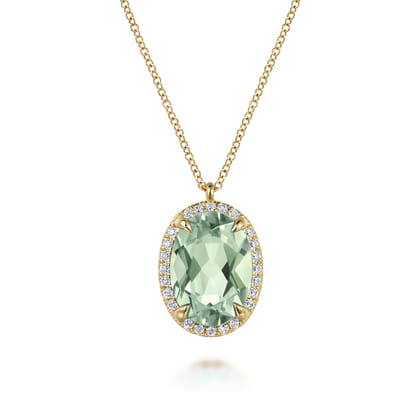 14K Yellow Gold Diamond and Oval Shape Green Amethyst Necklace With Flower Pattern J-Back