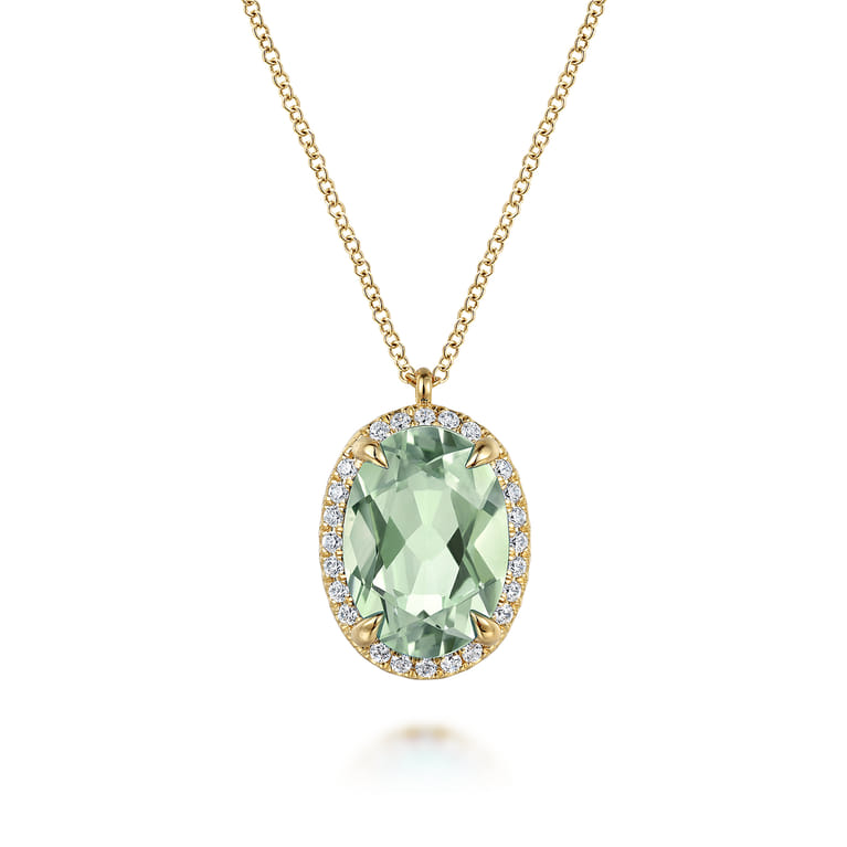 14K Yellow Gold Diamond and Oval Shape Green Amethyst Necklace With Flower Pattern J-Back - 0.24 ct - Shot 1