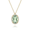 14K Yellow Gold Diamond and Oval Shape Green Amethyst Necklace With Flower Pattern J-Back - 0.24 ct